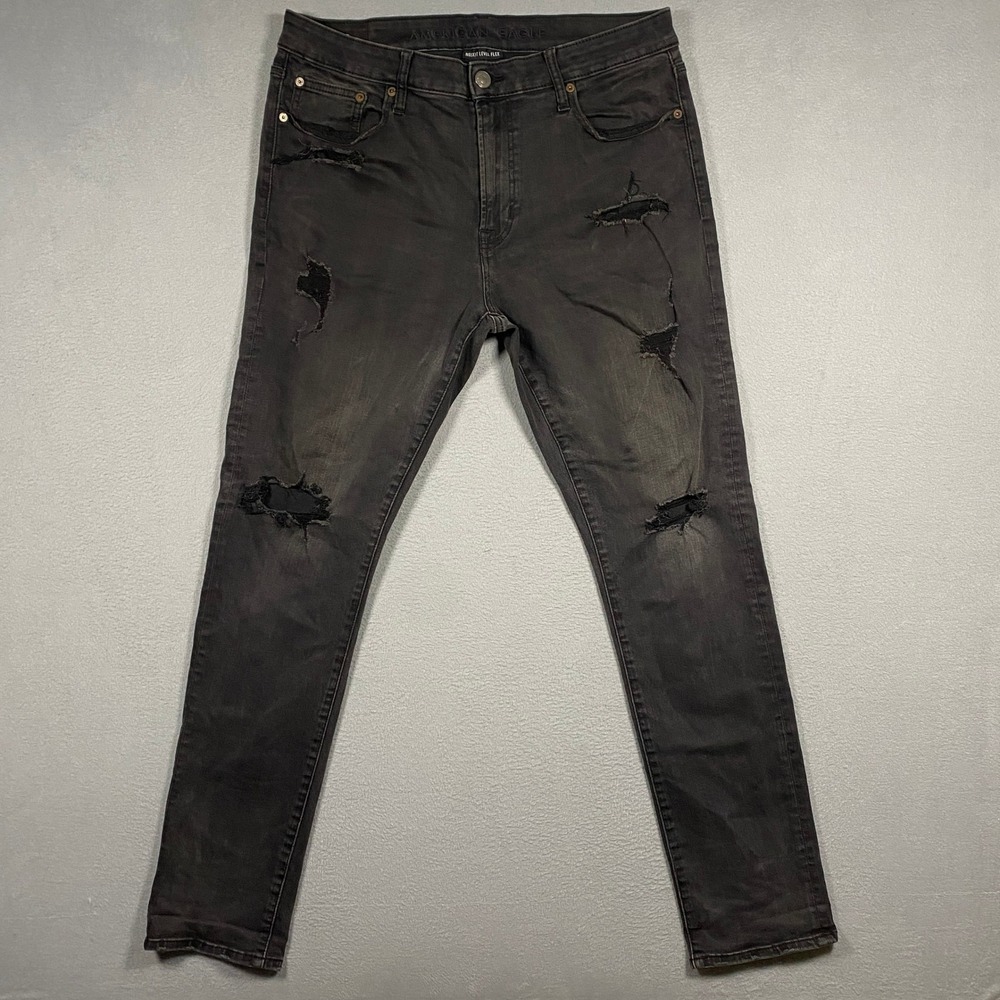 American Eagle Slim Jeans Mens 36x32 Black Distressed Ne(x)t Level Flex Denim